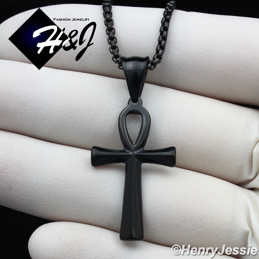 16-30″MEN Stainless Steel 2mm Black Plated Box Chain Ankh Key Cross Pendant*B112