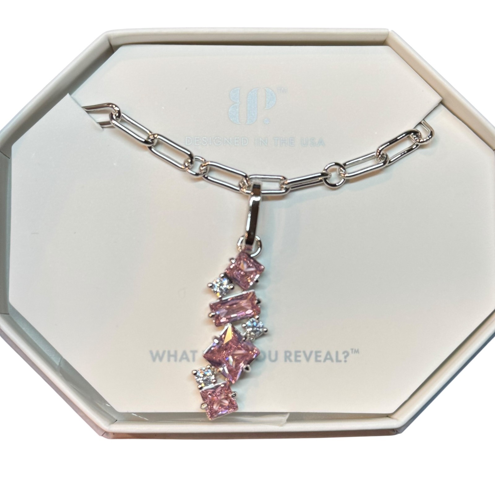 Bomb Party Necklace “Just Say Yes” Rose Quartz & CZ on Rhodium NK84196