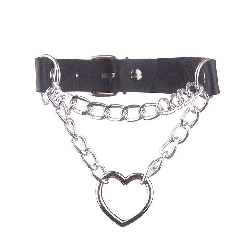 Gothic Punk Leather Chains Choker Collar with Heart Pendant Necklace Neckband