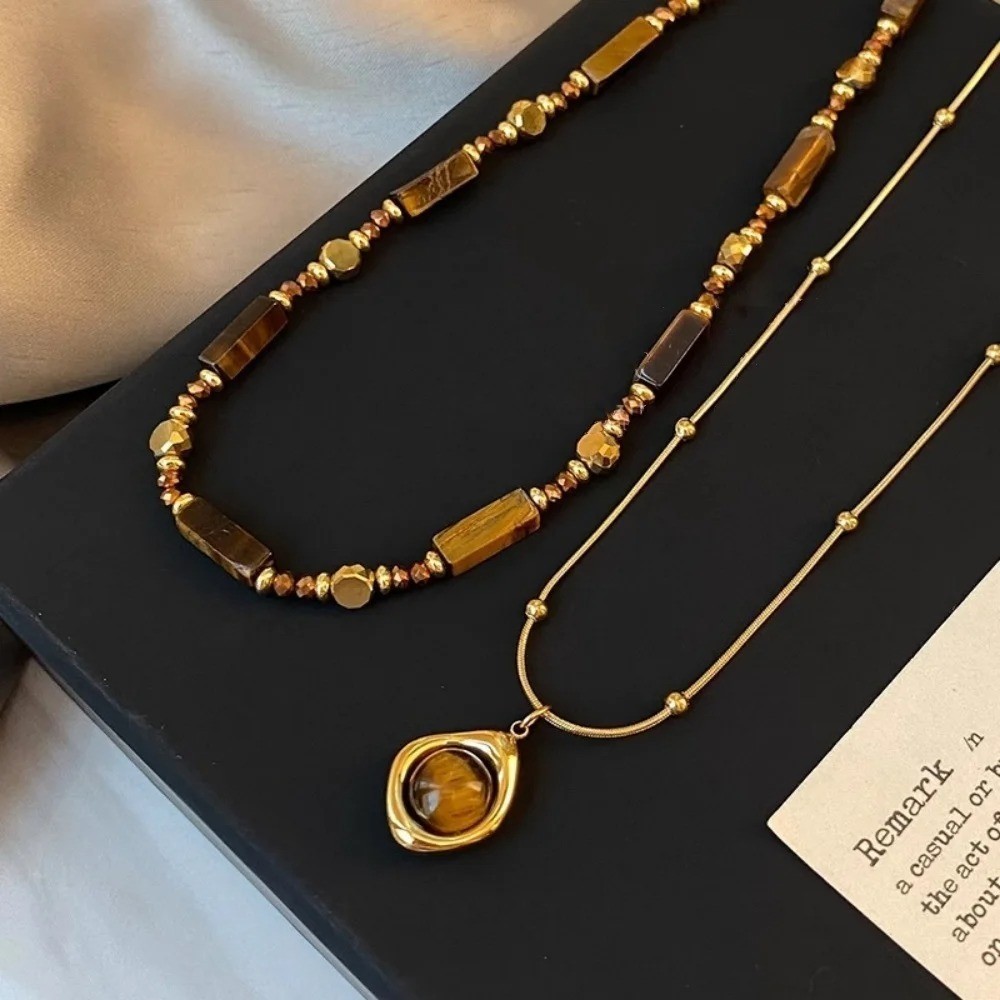 Alloy collarbone chain jewelry retro layered tiger eye stone pendant necklace