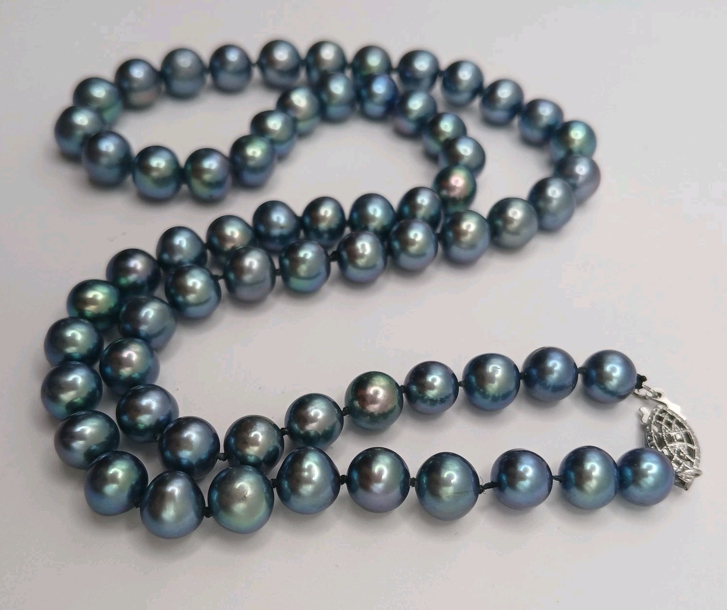 Peacock Black Blue Pearl Necklace “20 White Gold Filled Clasp Hand Knotted 7.5mm