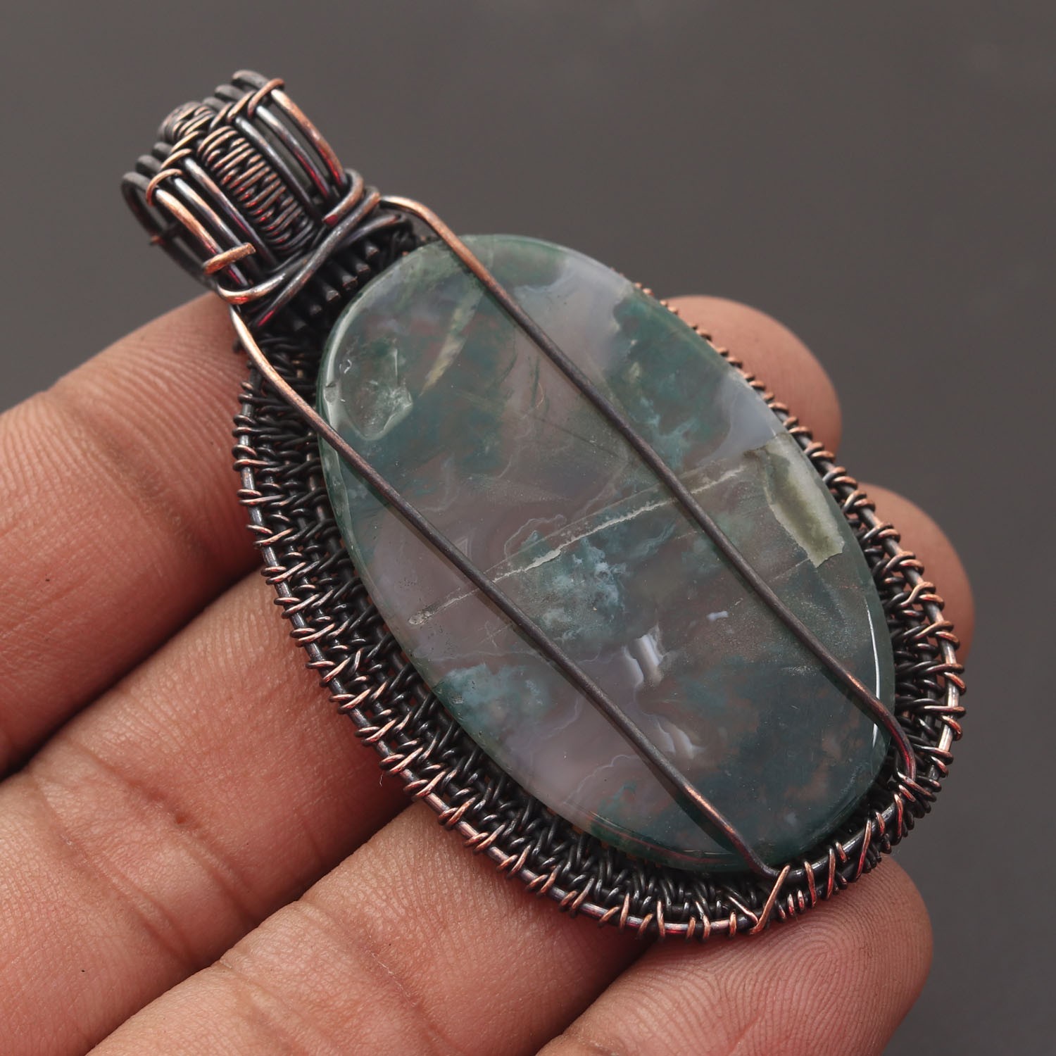 Moss Agate Gemstone Copper Wire Wrapped Handmade Pendant Jewelry Gift For Her