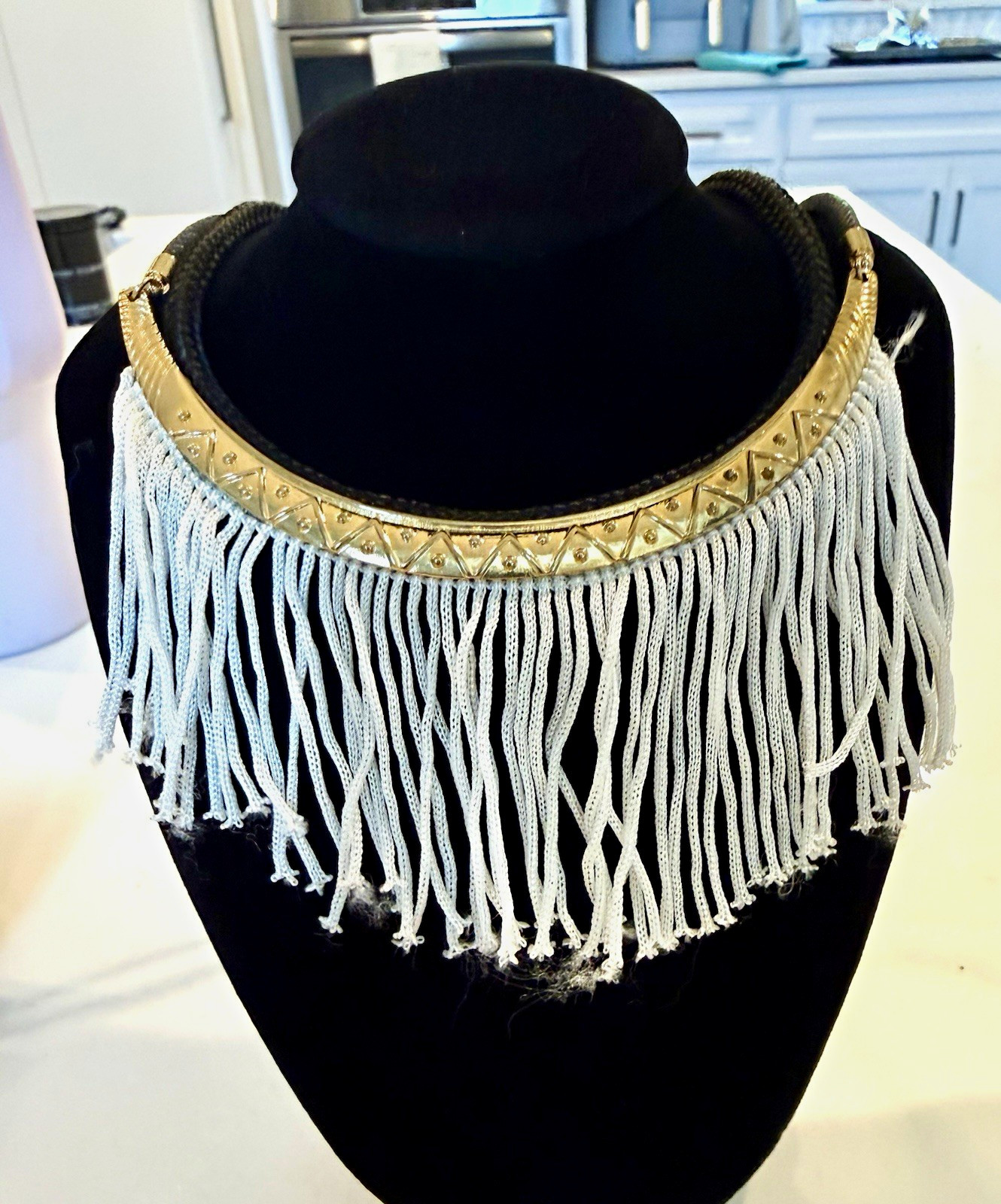Gold Tone Fringe Bib Statement Necklace, White Cord Cable Chain, Adjustable