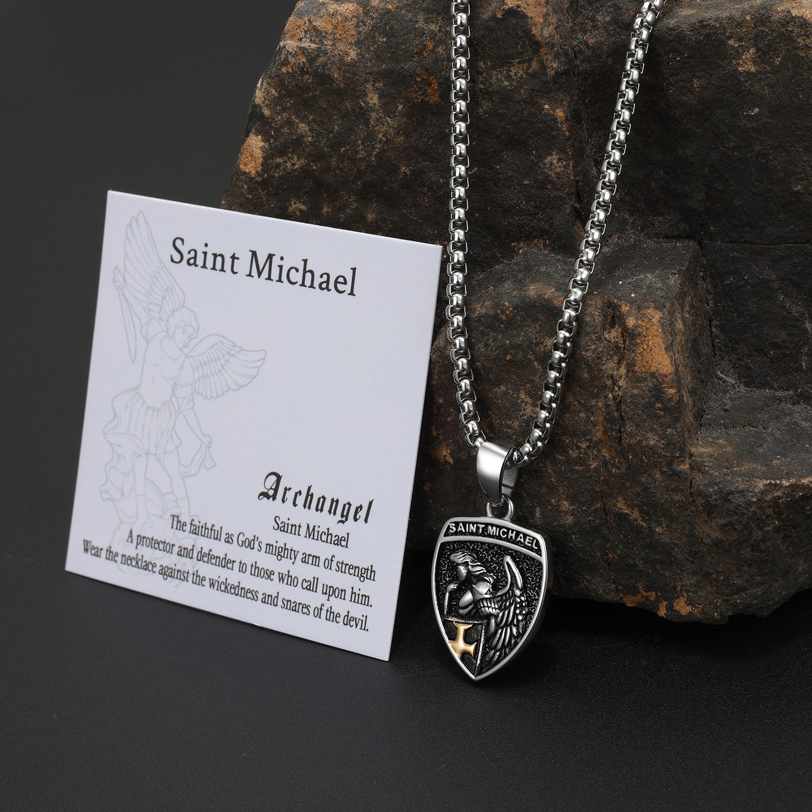 Men’s Archangel St. Michael Necklace St. Benedict Cross Stainless Steel Pendant