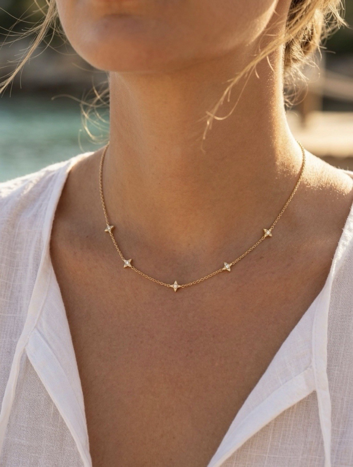 14K Gold Plated Star Station Necklace with CZ | Dainty Celestial Jewelry