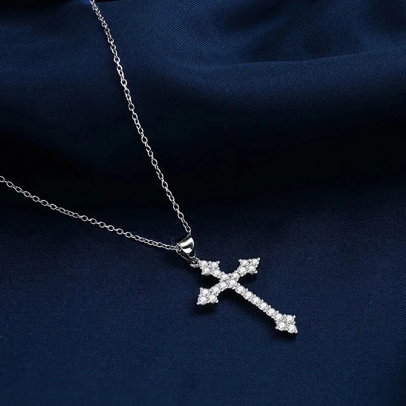 Cross necklace pendant with simulated lab diamonds 925 sterling White Gold