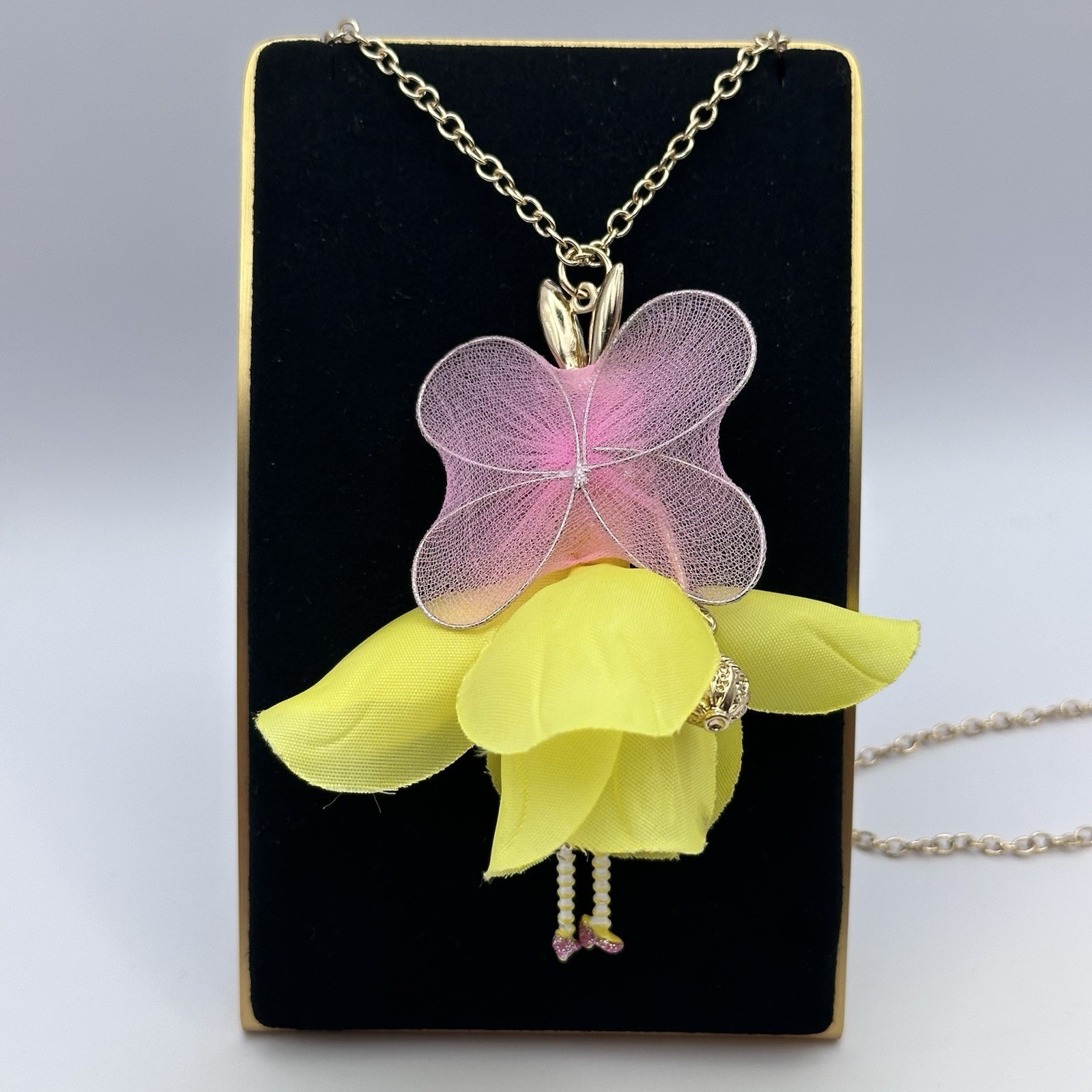 Betsey Johnson Fairy Bunny Necklace Yellow Pink Wings Gold Tone Long Pendant