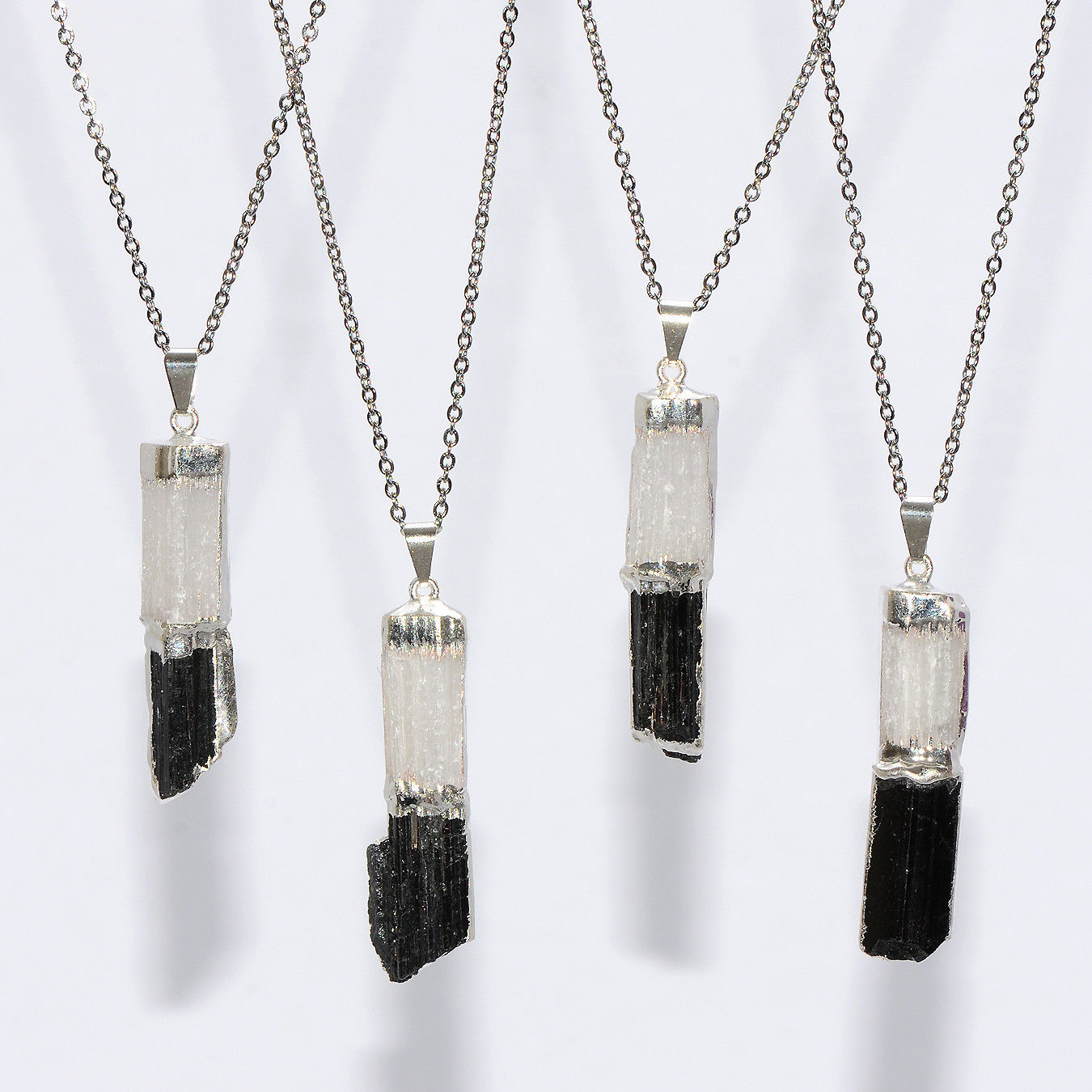 Black Tourmaline and Selenite Stacked Pendant Necklace Sterling Silver Chain Hea