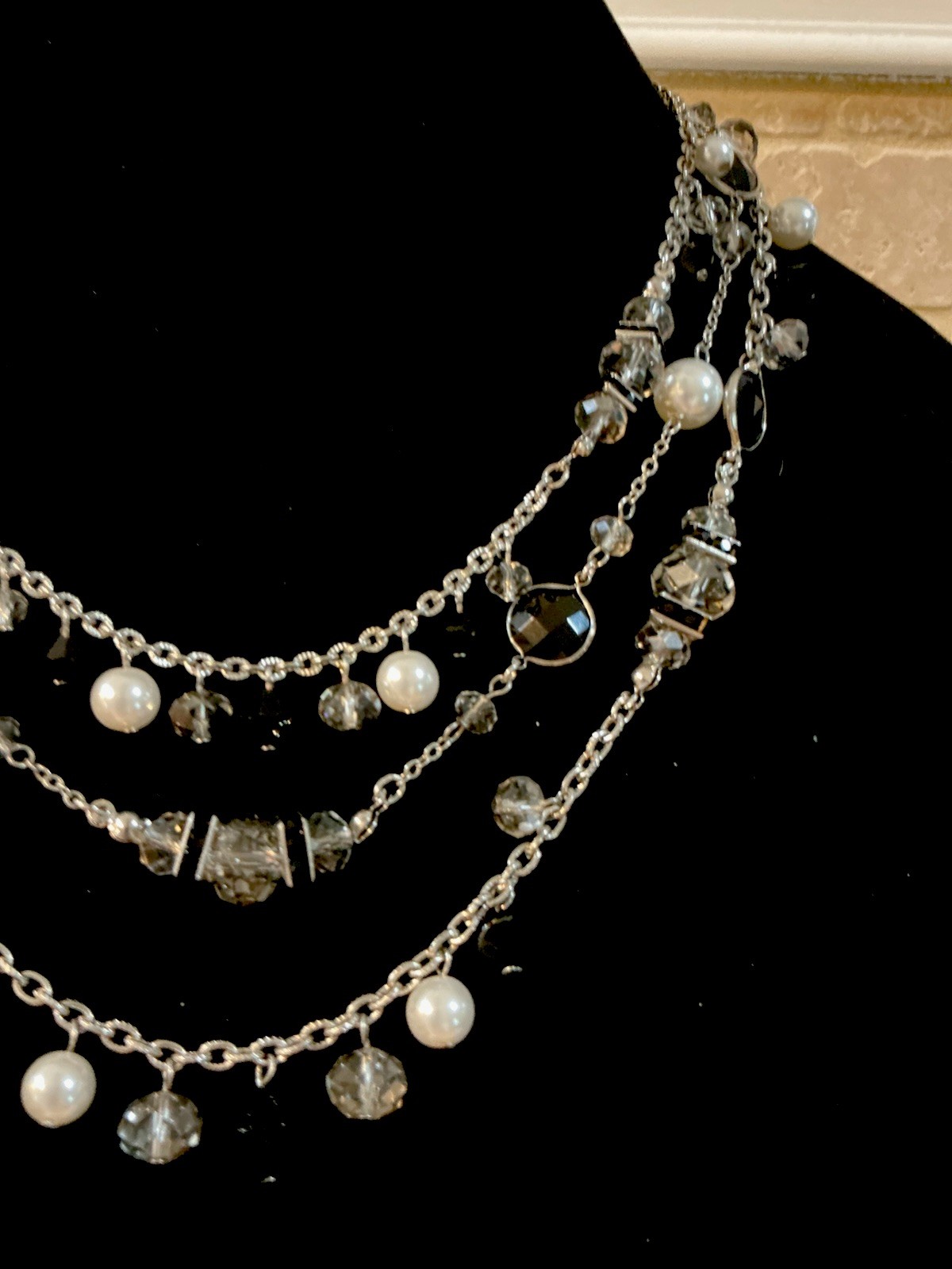 White House Black Market 3 Strand Silver Crystal Pearl Black White Necklace-NWOT