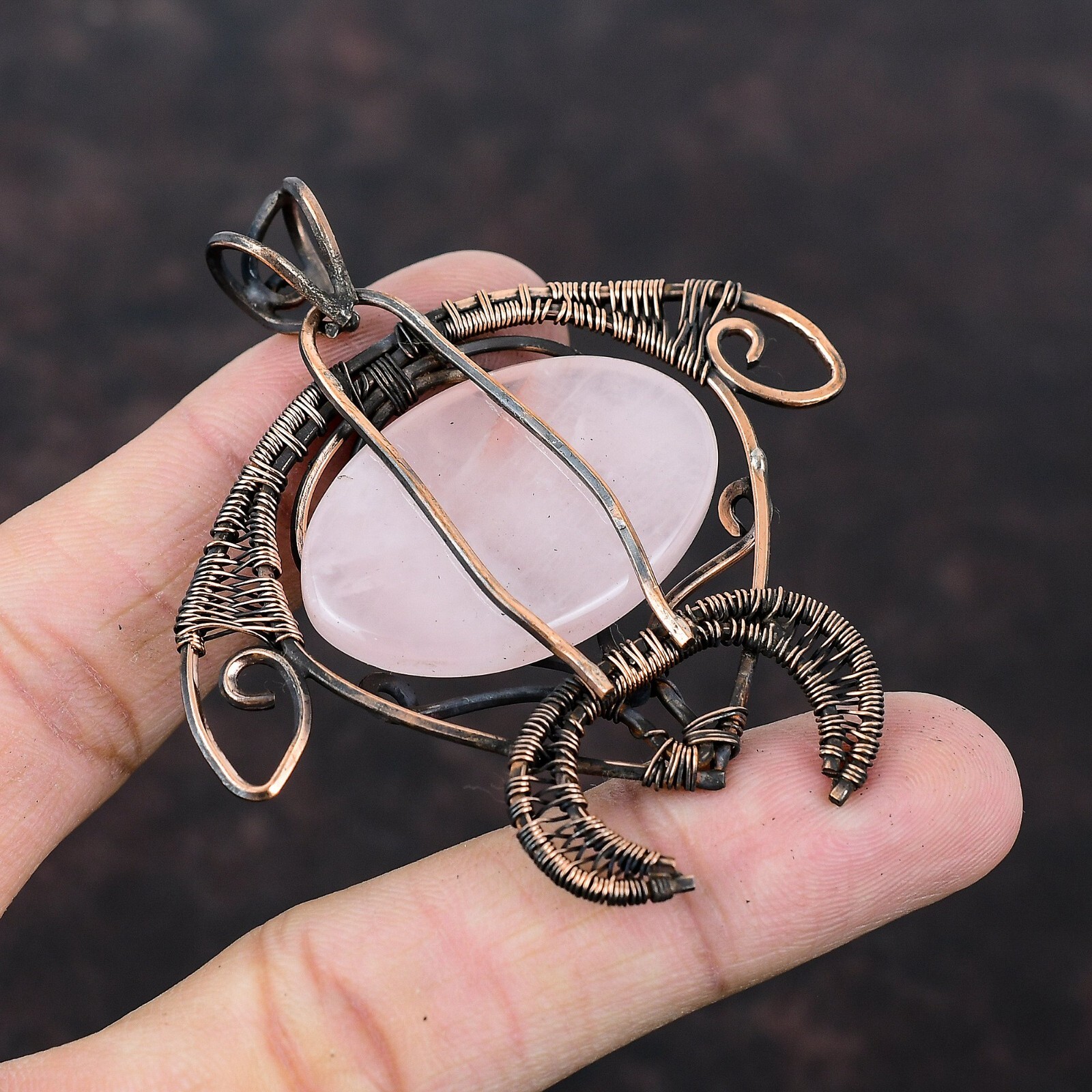 Rose Quartz Wire Wrapped Tortoise Pendant Handcrafted Copper Holiday 2.68″