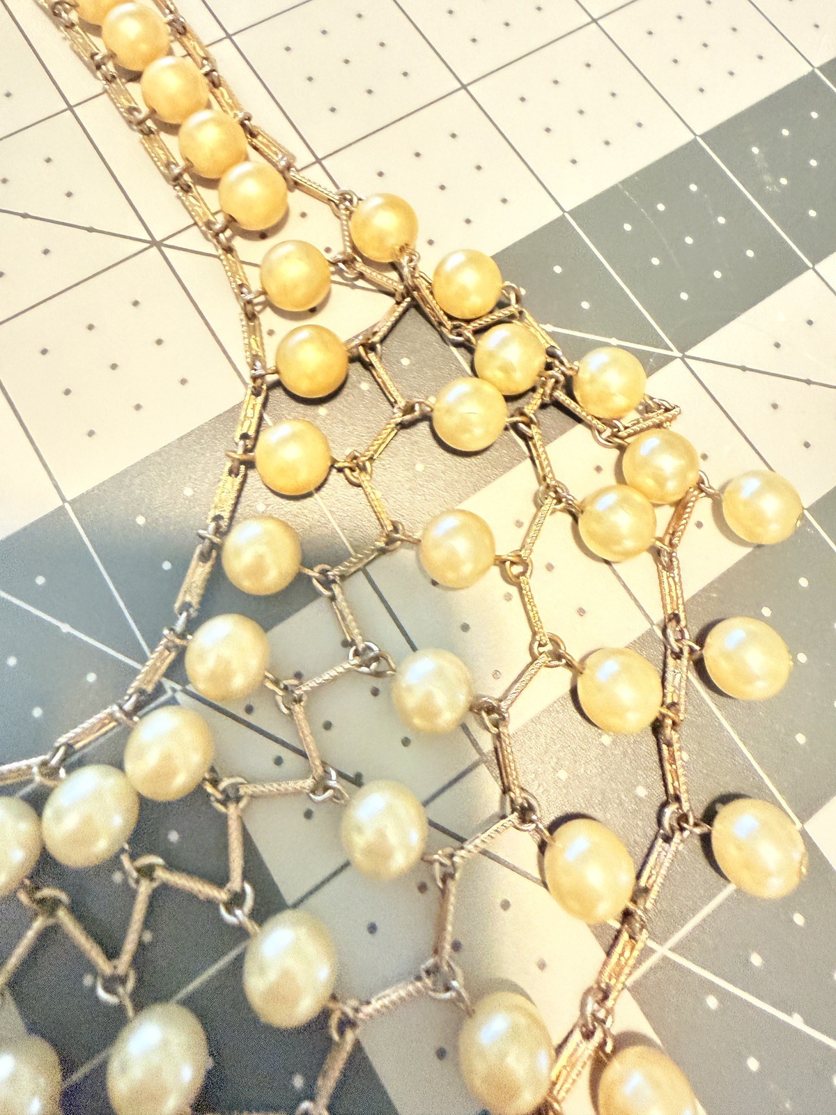Gold Tone 1950s Vintage Faux Pearl Bib Necklace Statement Lattice Fringe Estate