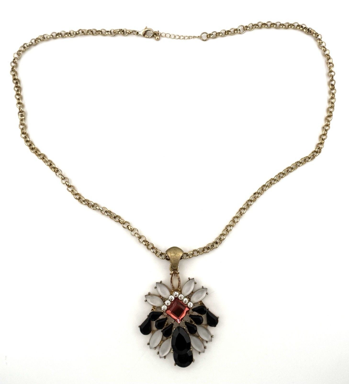 Statement Pendant Necklace Black White Red Crystal Rhinestone Gold Tone 18″