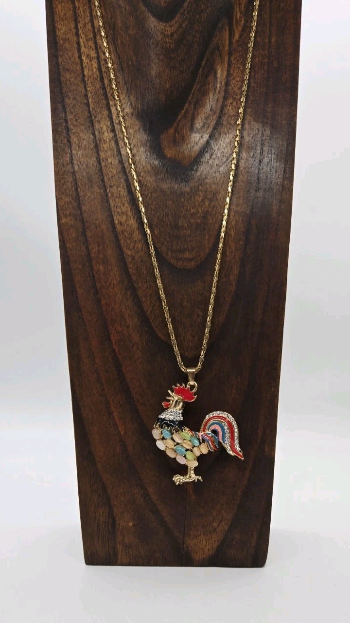 Rooster Necklace Farm Collection Multicolored Enamel Gold tone 27 in