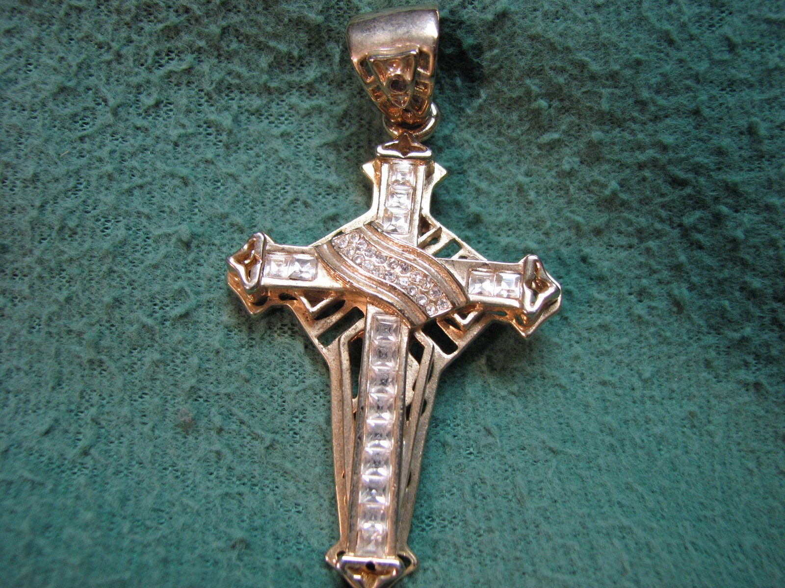 Gorgeous 3″ High Gold Tone Cross Pendant W/ CZ Stones As Shown BEAUTIFUL
