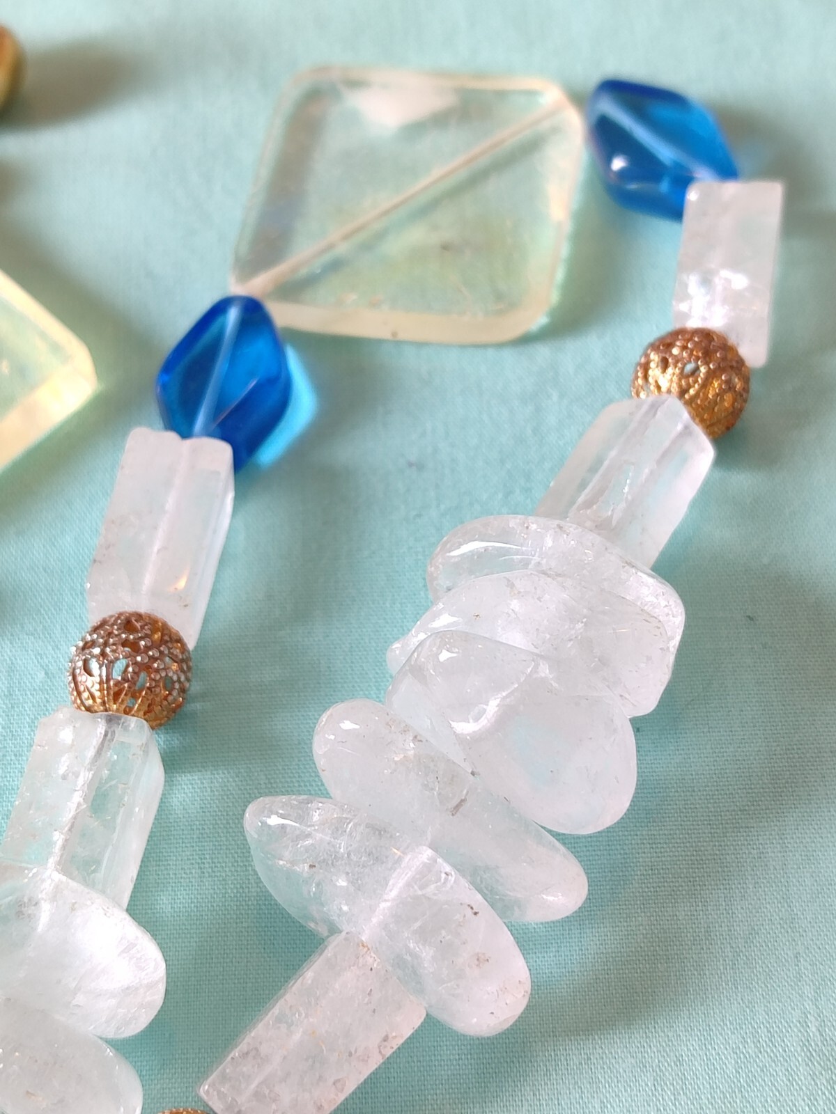 Boho Chunky Rock Quartz & Art Glass Necklace With Matching Earrings 27 In