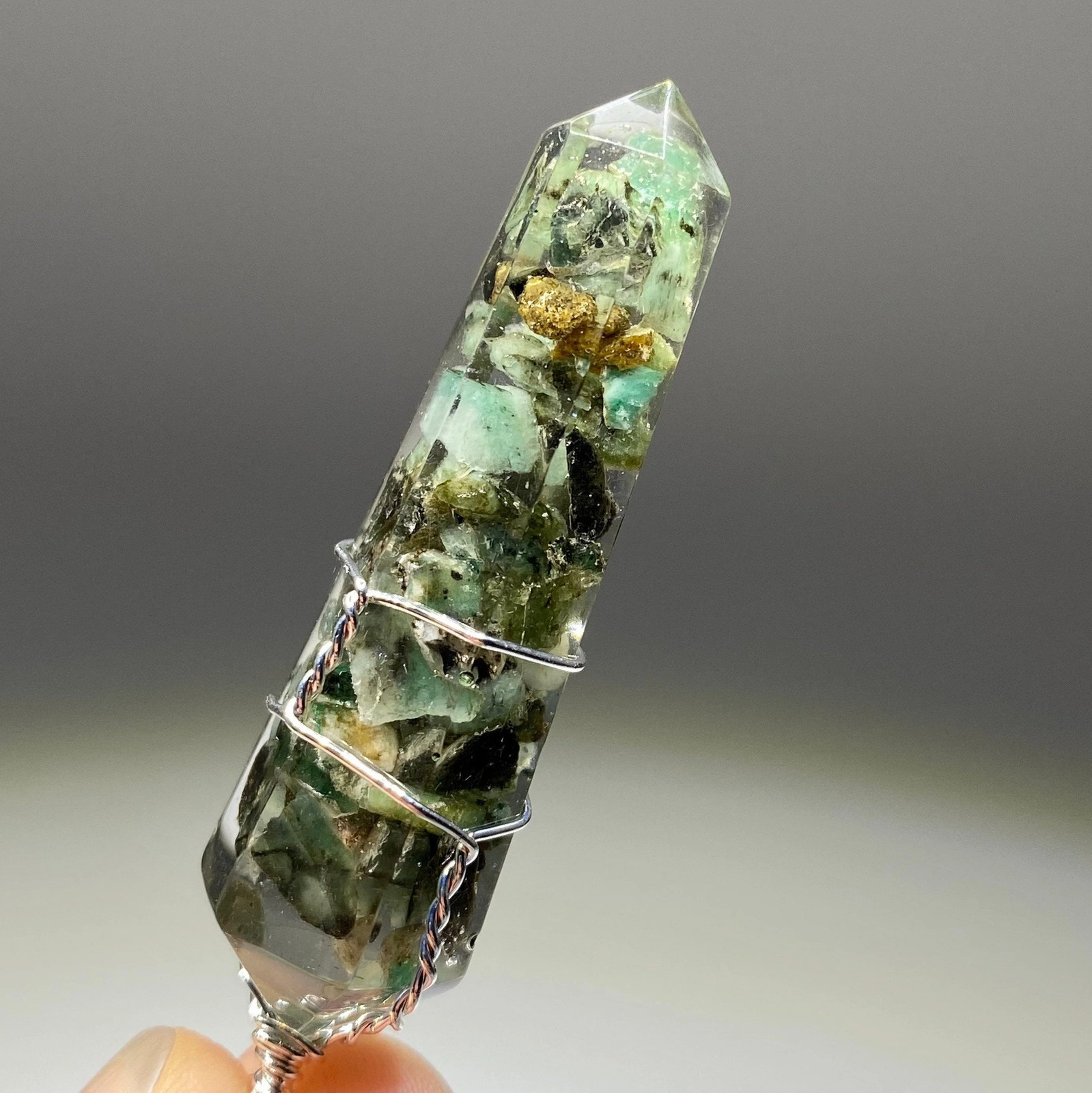 Emerald in Orgonite Wire Wrapped Pendant Necklace