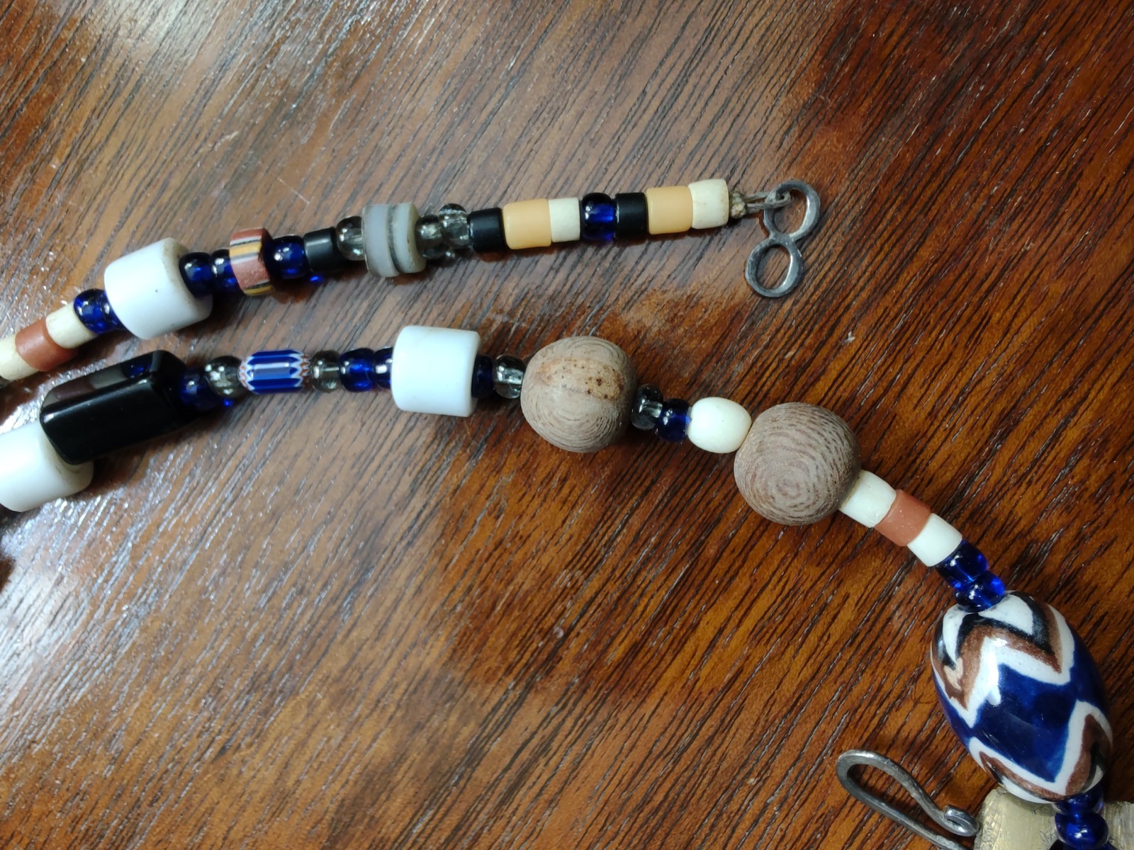 Vintage Homemade Boho Ethnic Beaded Necklace, Glass, Wood, Brass Bell.