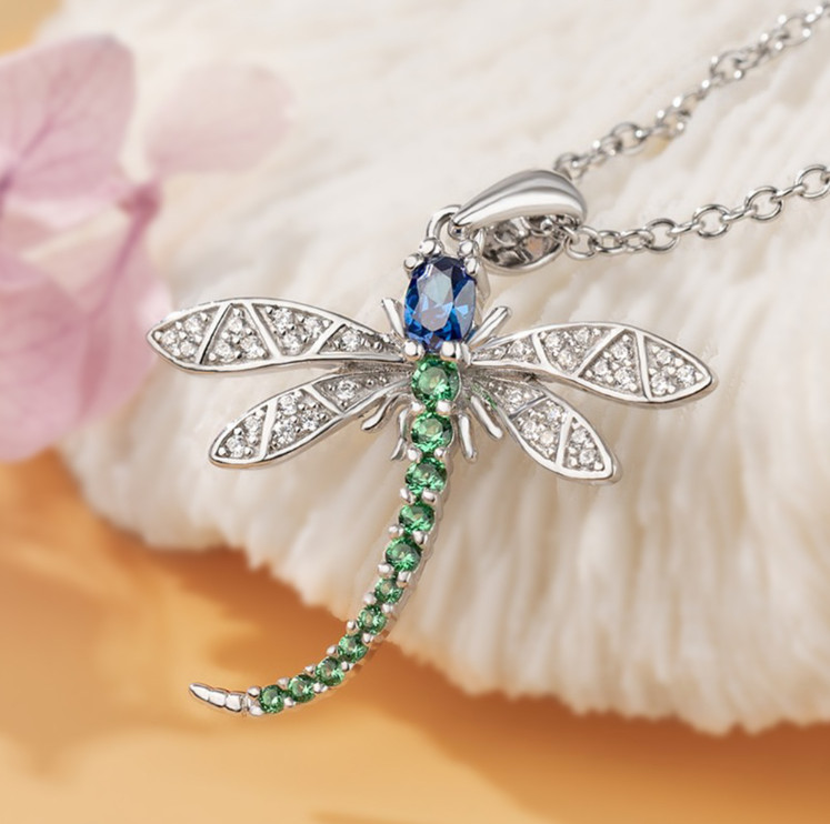 Titanium Silver Dragonfly Blue Green Pave CZ Pendant Chain Necklace