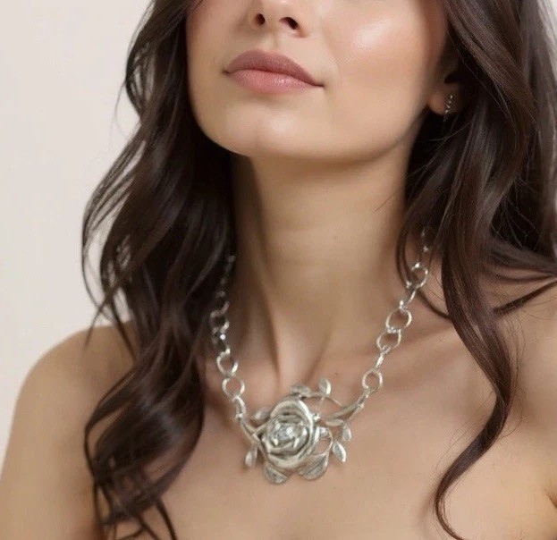 Zara Rose Flower Necklace Choker Chunky Silver Boho Statement Chain Retro VTG
