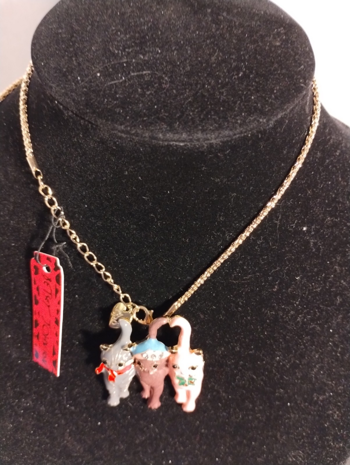 Betsey Johnson 3 Grey, Brown & Pink Cats Enamel Necklace/Pin New With Tags