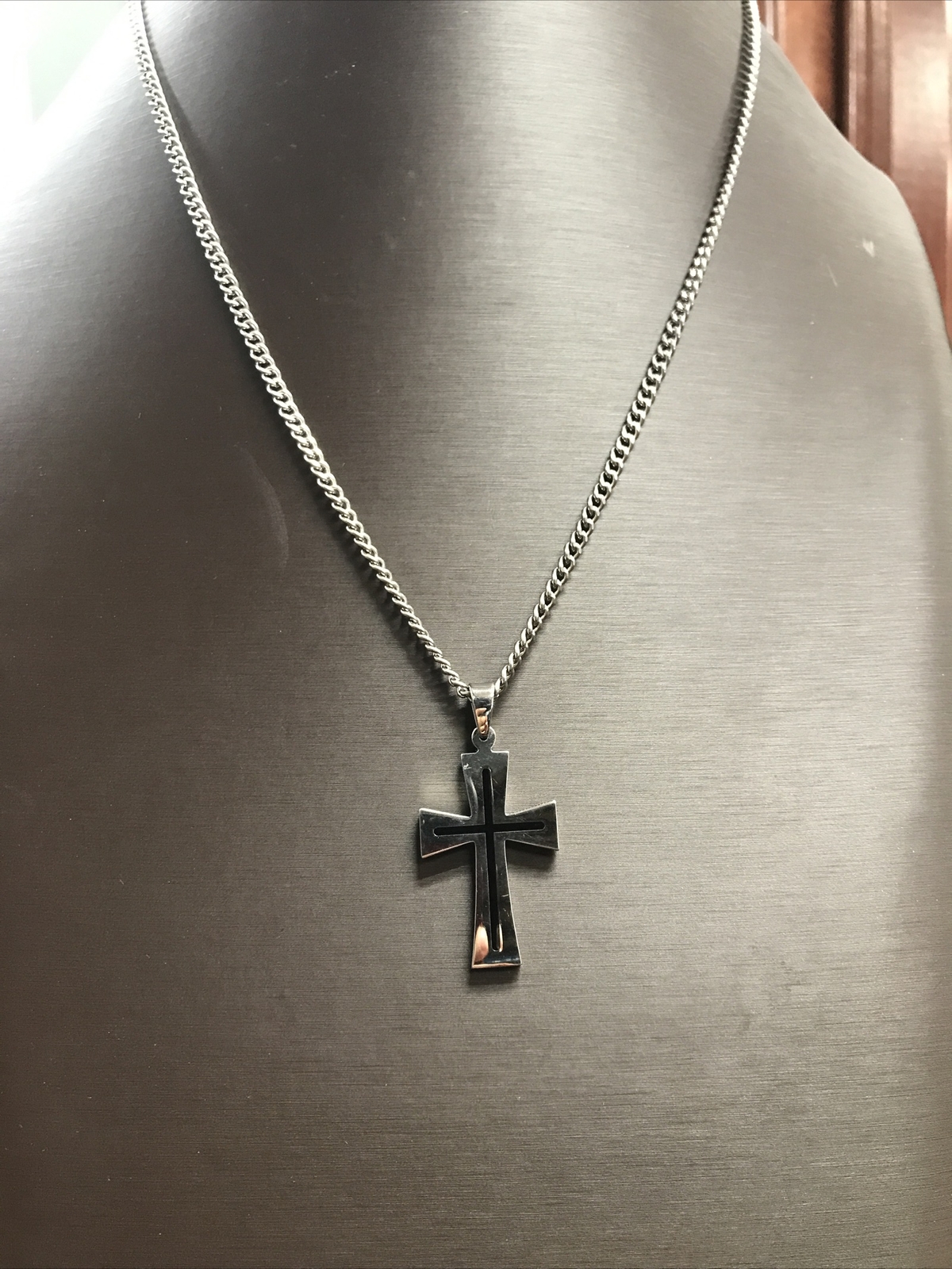 2” Black Enamel Cross With 3.75mm Wide 24” Necklace All Stainless Steel