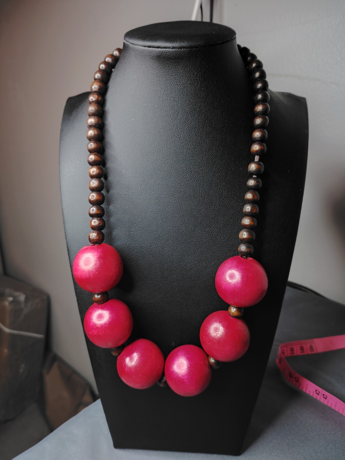 Artisan Red Wooden Bead Statement Necklace 20″ Handmade Boho