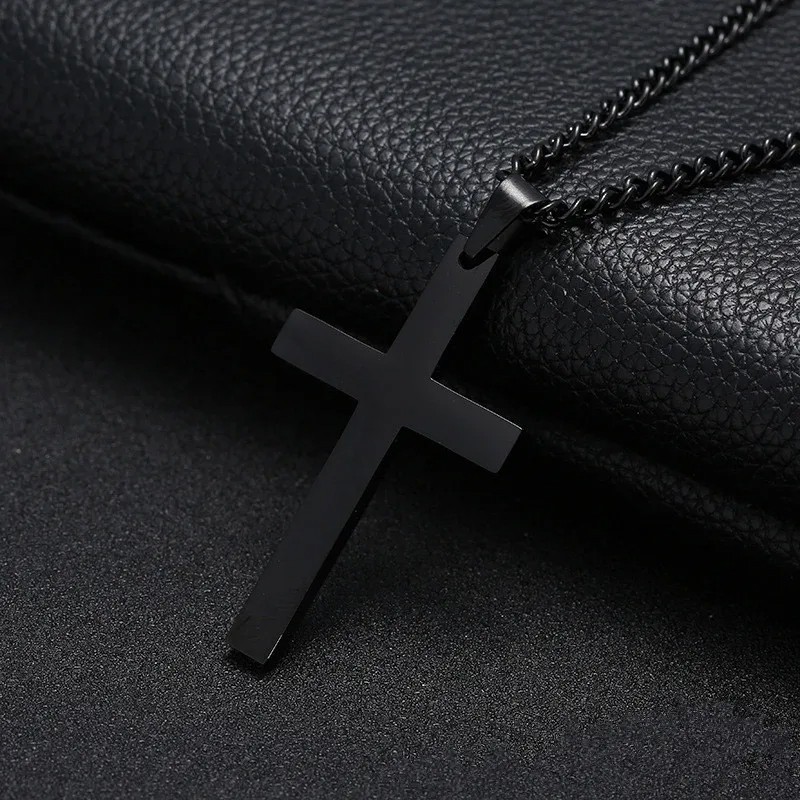 Men’s Cross Pendant Necklace Silver Chain Stainless Steel Figaro Necklace