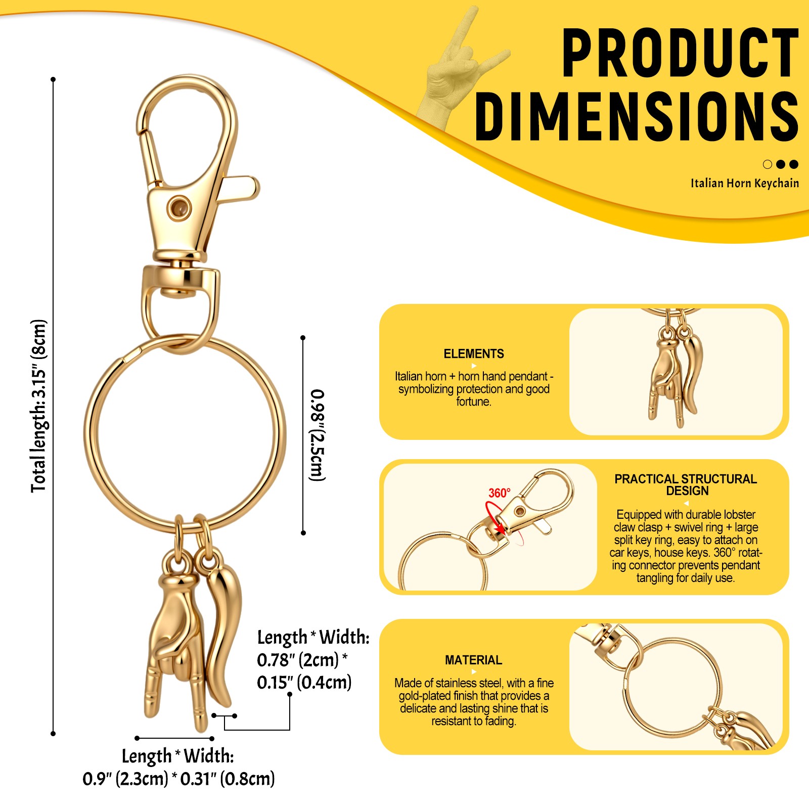 Men Women Italian Horn Necklace Keychain Stainless Steel Cornicello Lucky Charm
