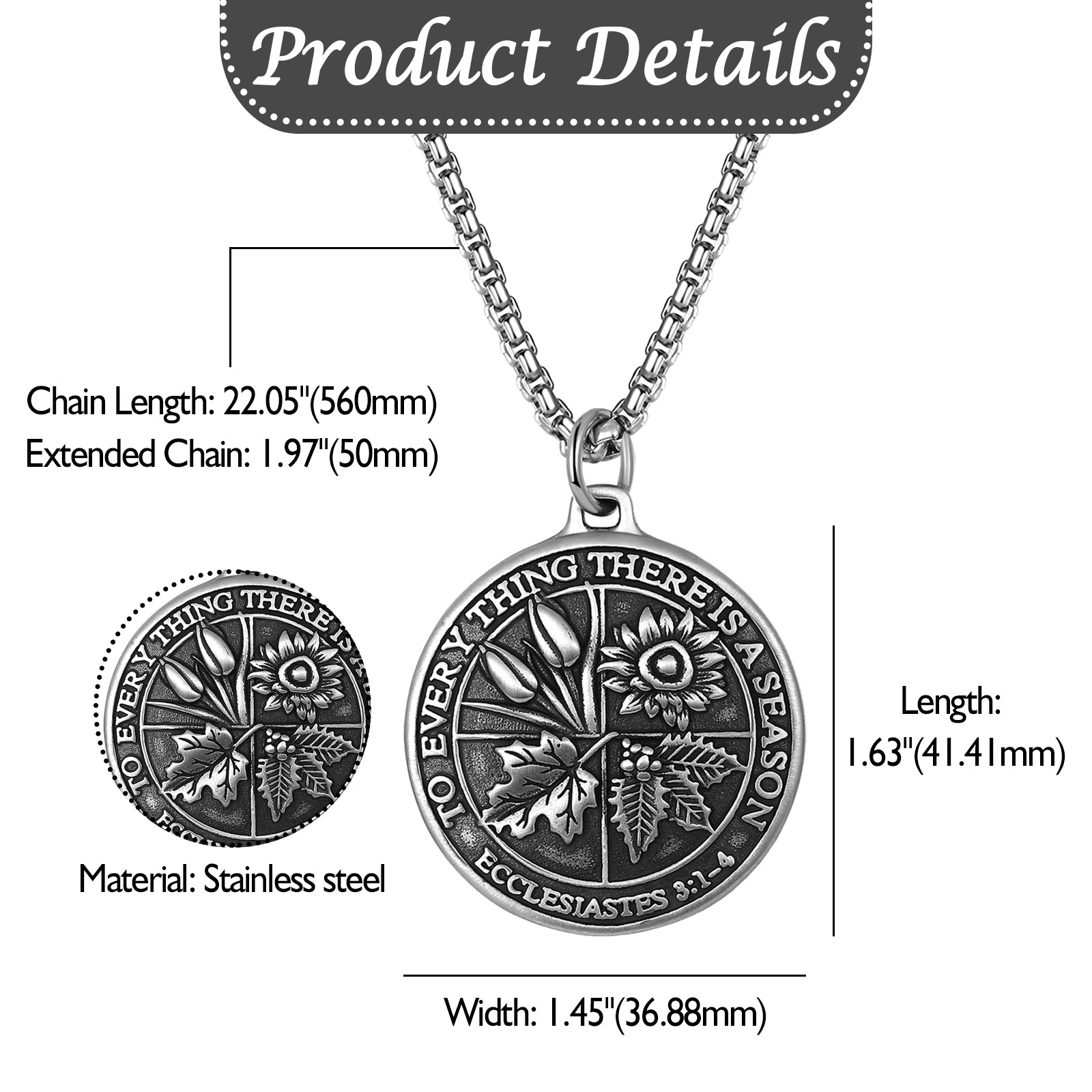 Mens Ecclesiastes 3:11 Bible Verse Herbal Embossed Stainless Steel Coin Necklace
