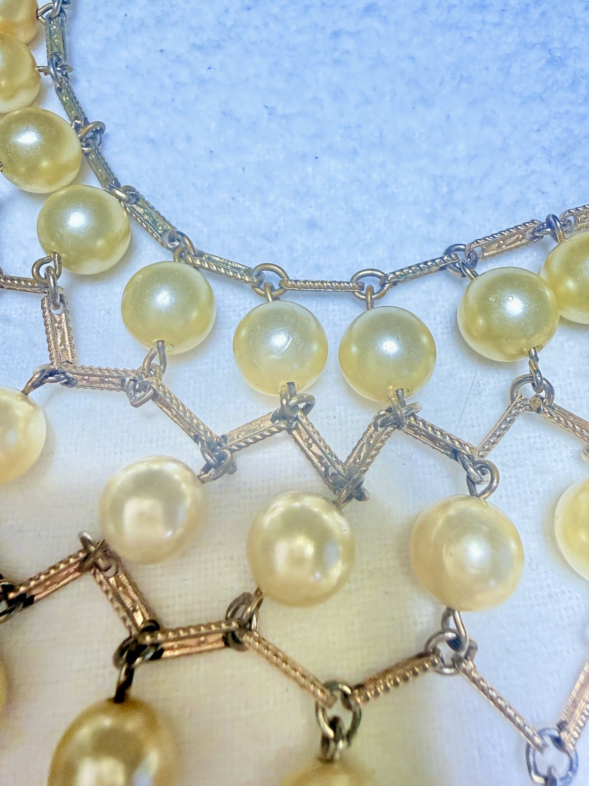 Gold Tone 1950s Vintage Faux Pearl Bib Necklace Statement Lattice Fringe Estate