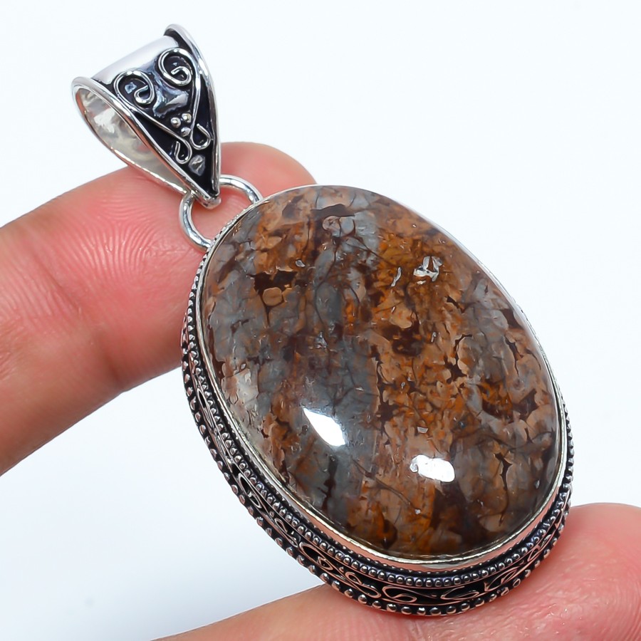 Natural Fine Art Coffee Bean Jasper 925 Silver Plated Bali Pendant 2.22″ P4196