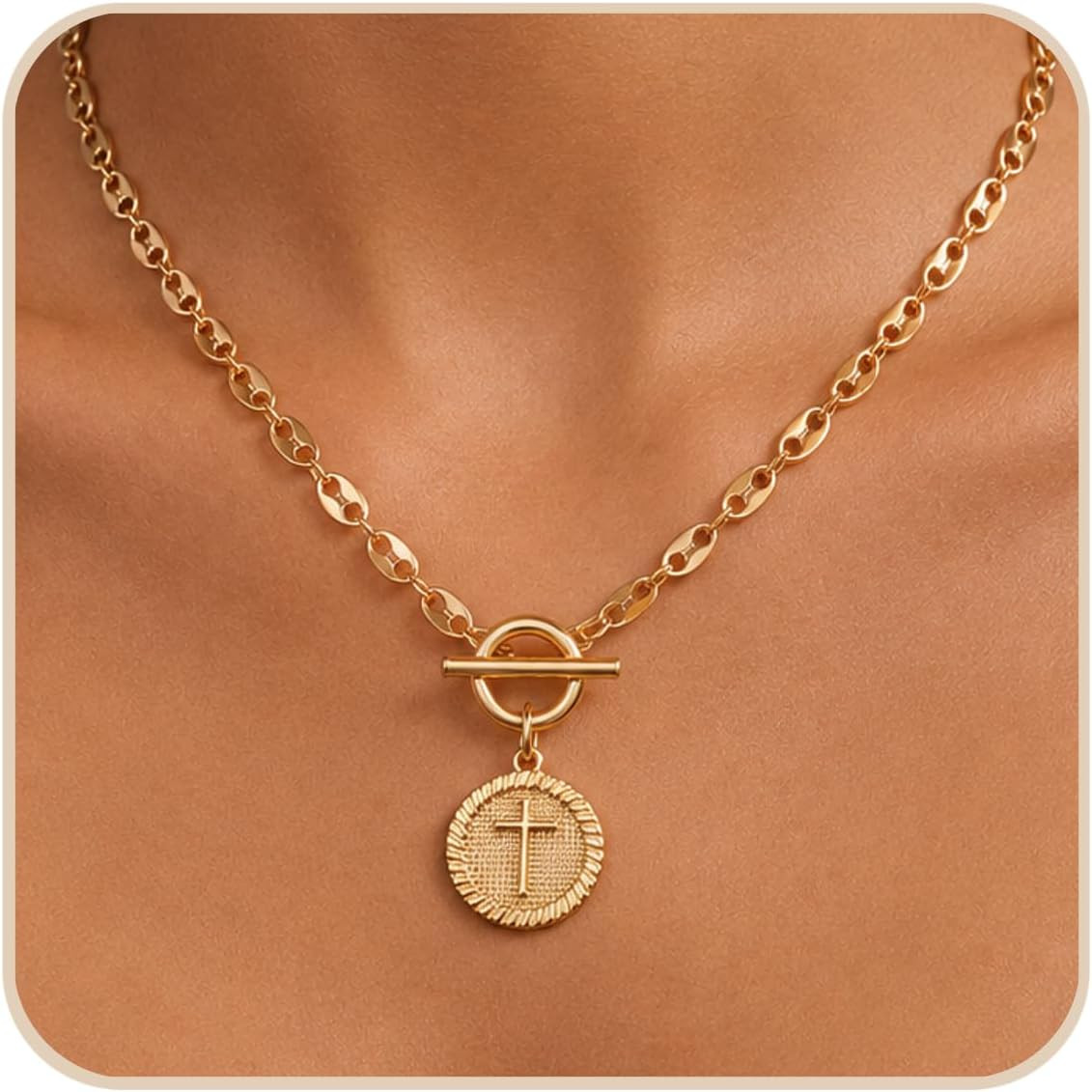 Gold Cross Necklace for Women Trendy Chunky Toggle Necklace 14K Gold Plated Cros