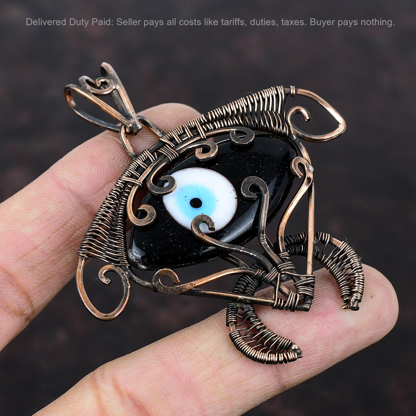 Black Color Evil Eye Stone Copper Wedding Wire Wrapped Tortoise Daughter Pendant