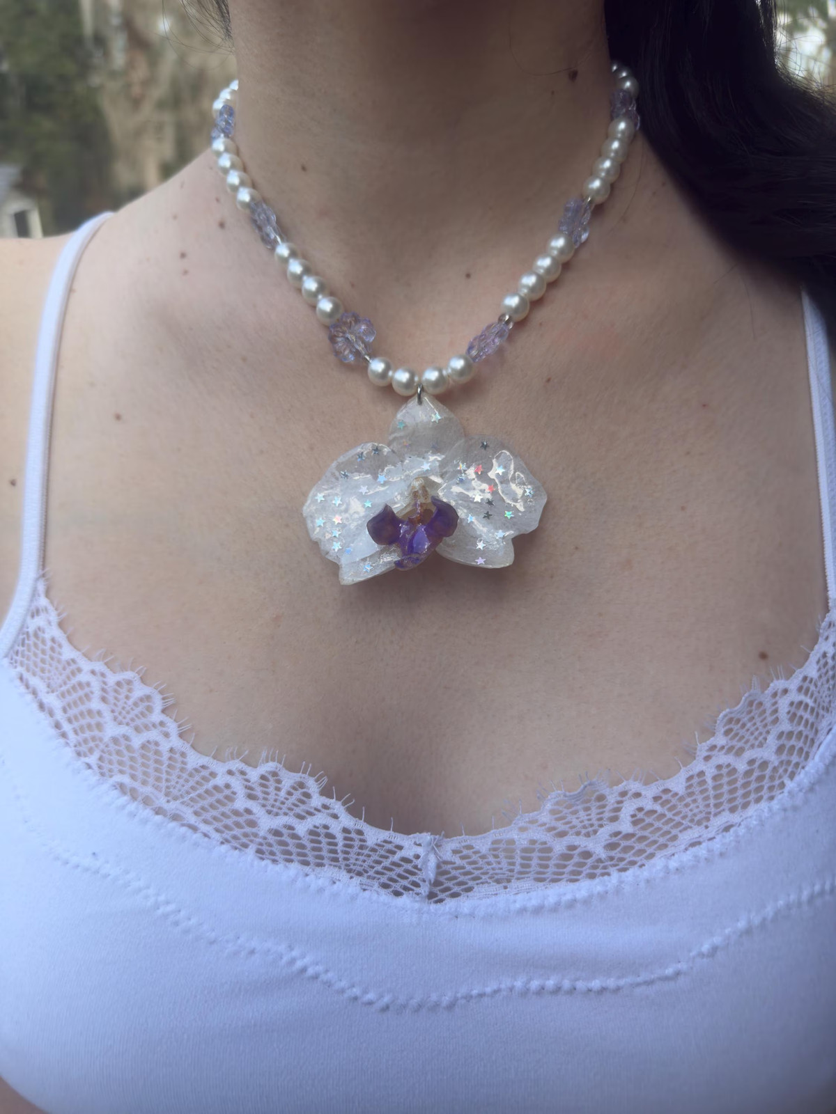 Real White Orchid Resin Necklace | Star Glitter Pendant | Pearl Beaded Chain