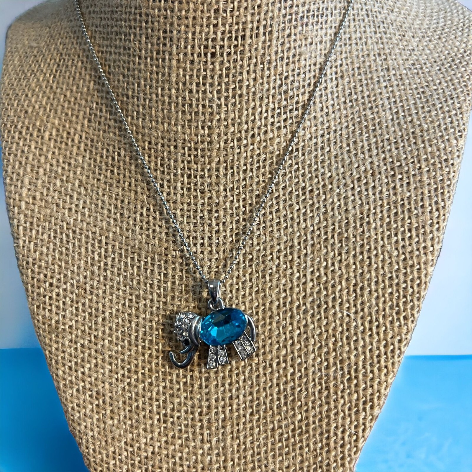 Adult Jewels Silver Tone Necklace Elephant Pendant Crystal Blue Rhinestone 17″ N