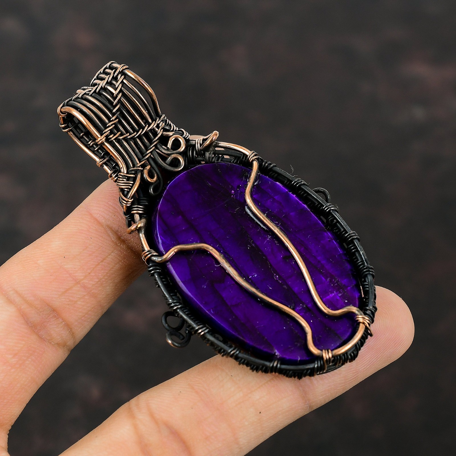Oval Natural Purple Fire Labradorite Wedding Wire Wrapped Pendant Jewelry Copper