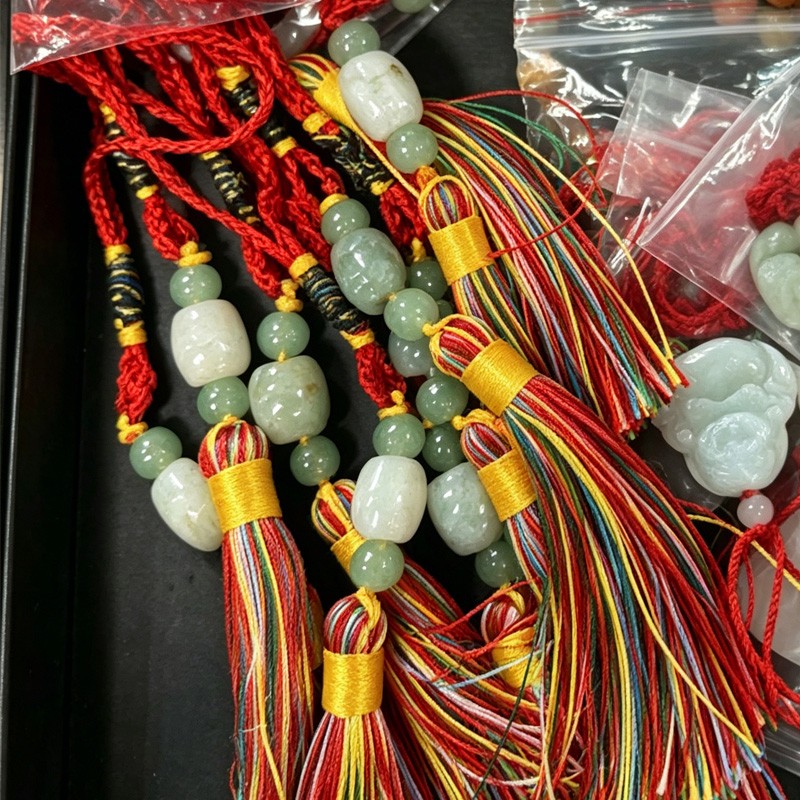 Mini Tassel Phone Charm – Red Mala Tassel Pendant with Jade Beads & Hanging Loop