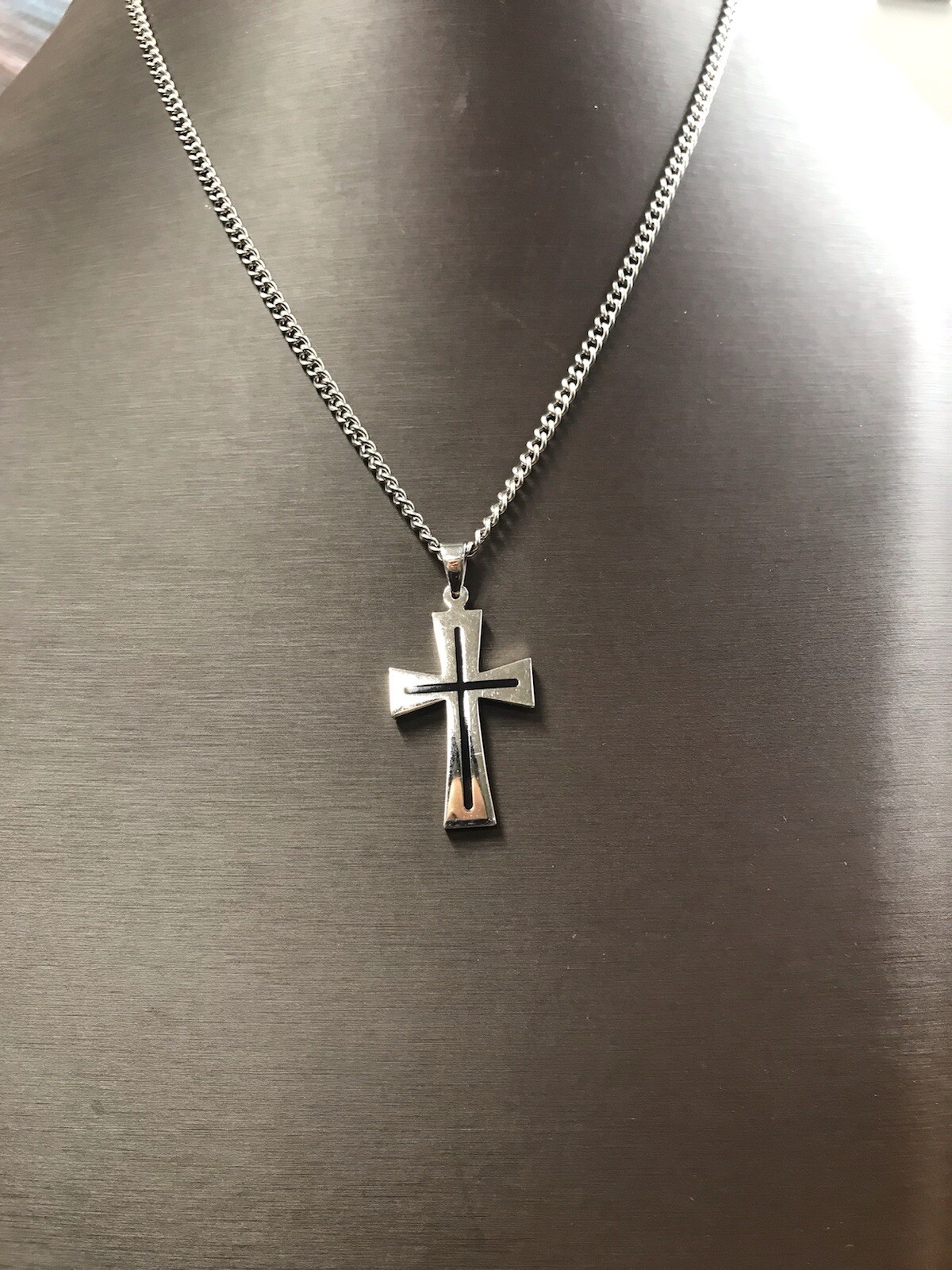 2” Black Enamel Cross With 3.75mm Wide 24” Necklace All Stainless Steel