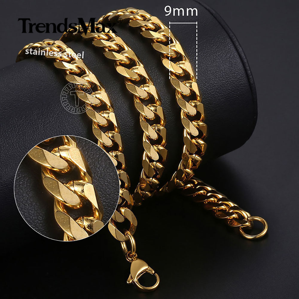 9MM 30″ For Mens Boys Chain Gold Plated Stainless Steel Cuban Link Necklace Gift