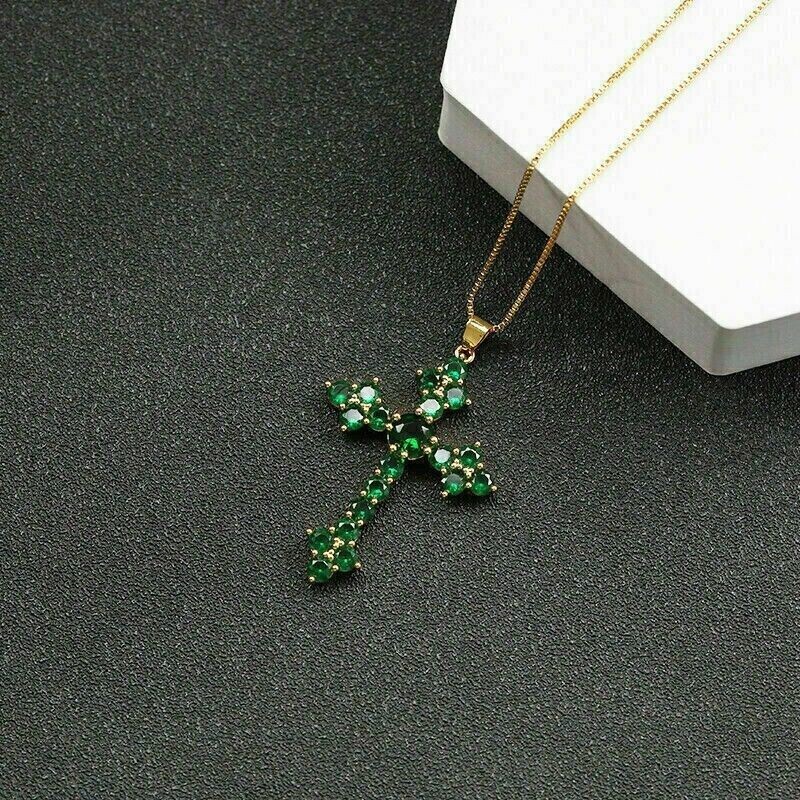 2Ct Round Cut Simulated Green Emerald Holy Cross Pendant 14K Yellow Gold Plated