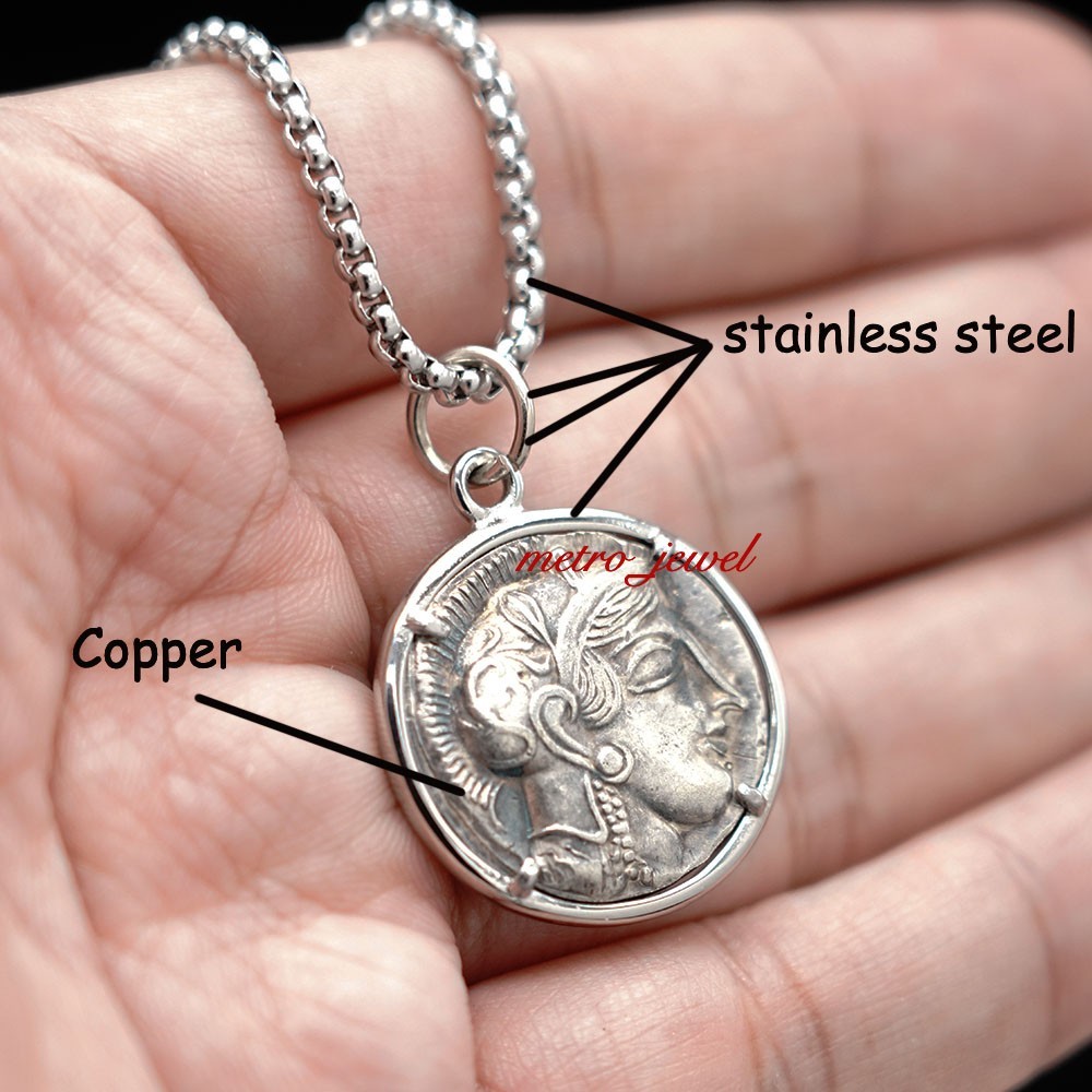 Womens Mens Vintage Copper Ancient Greek Owl Bird Athena Coin Pendant Necklace