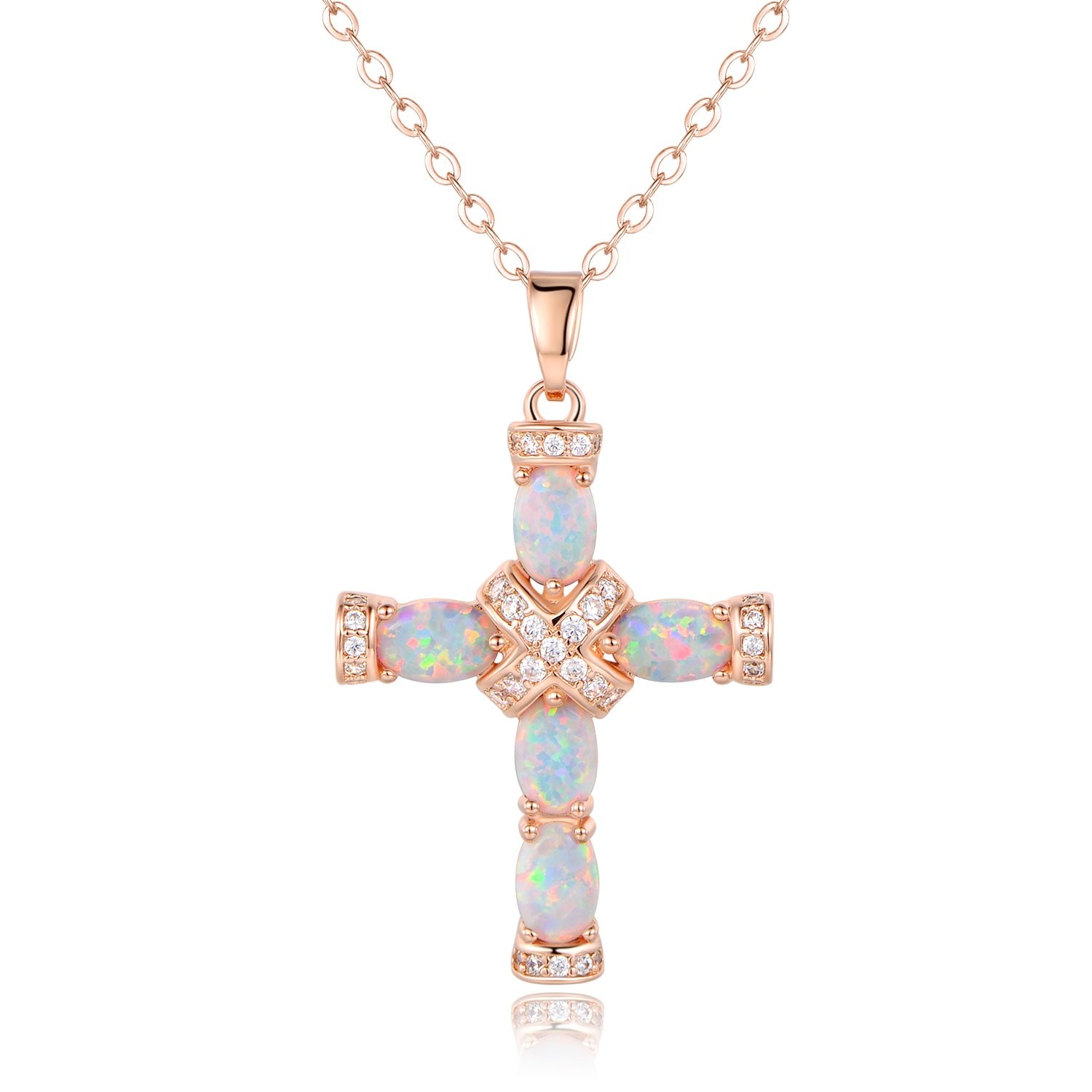 Barzel 18K Rose Gold Plated Created Opal Cross Necklace One Size,