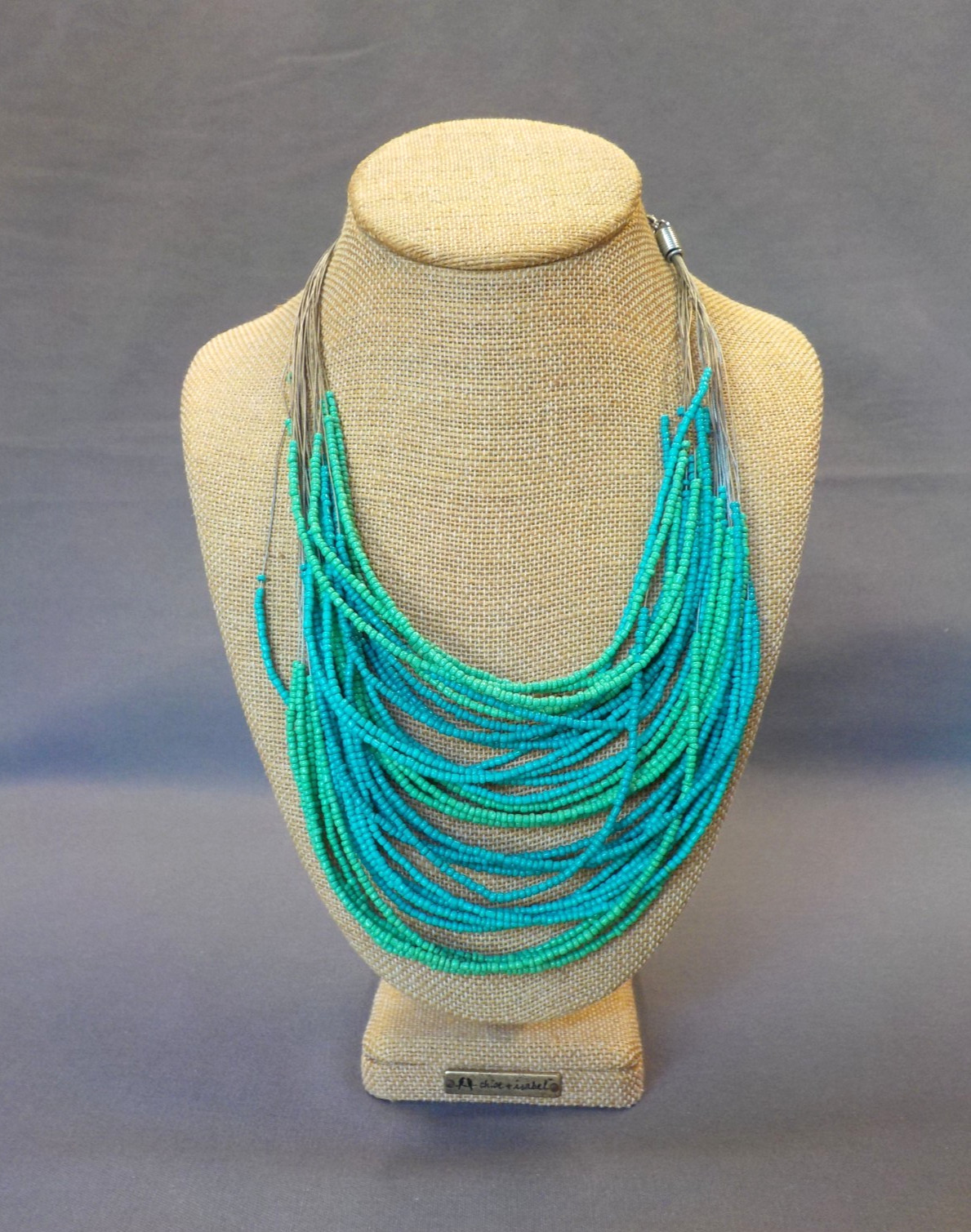Turquoise Color Seed Beads Necklace Silver Tone Metal Multi Strand Wire Glass