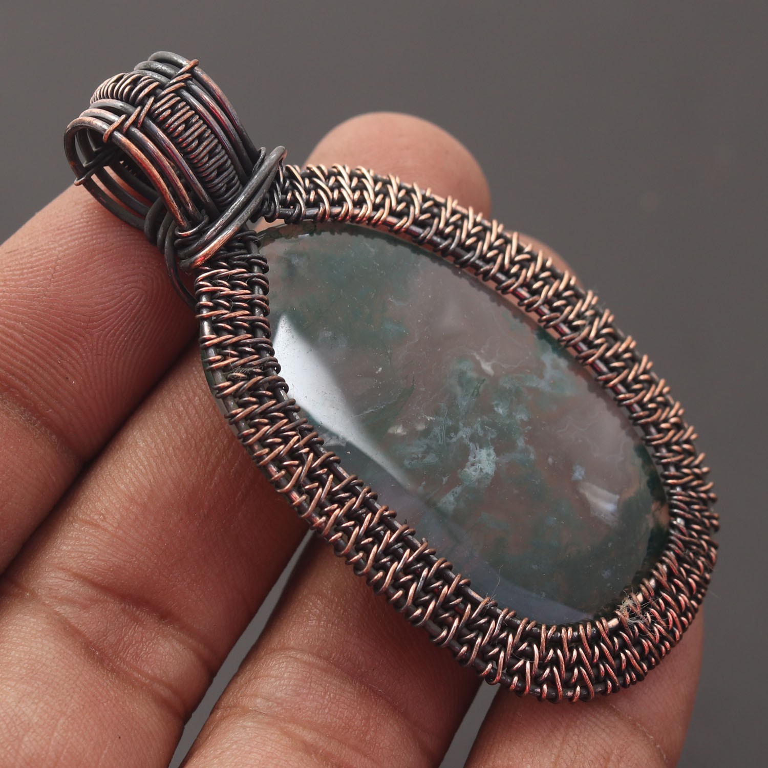 Moss Agate Gemstone Copper Wire Wrapped Handmade Pendant Jewelry Gift For Her