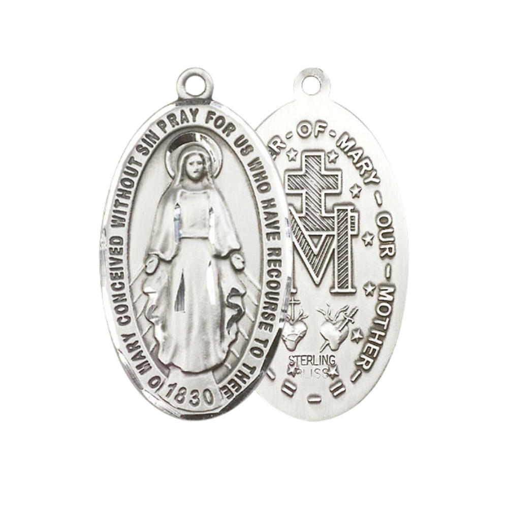 Large Sterling Silver Miraculous Medal Pendant 18″ Lobster Claw Chain Necklace