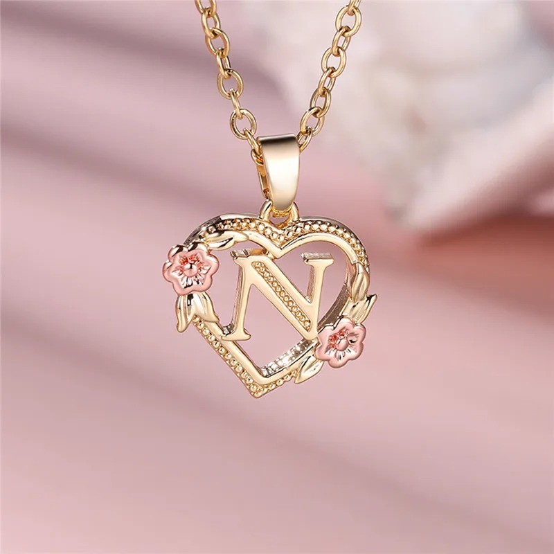 Gold Initial Letter Flower Pendant Necklace For Women Girls A-Z Alphabet Gift