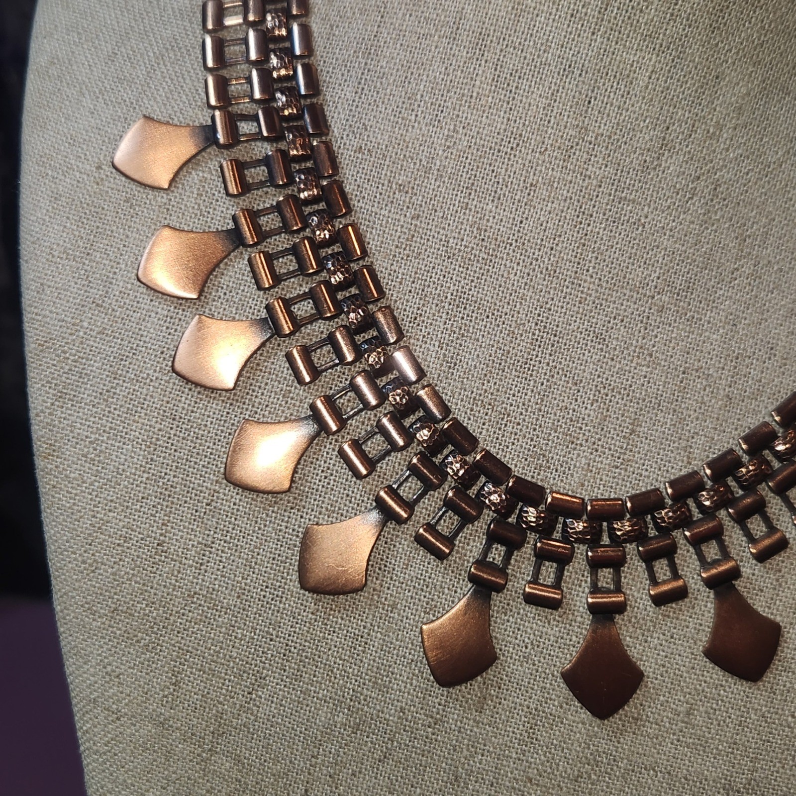 Vintage Copper Tone Geometric Fringe Collar Statement Necklace Hammered Links