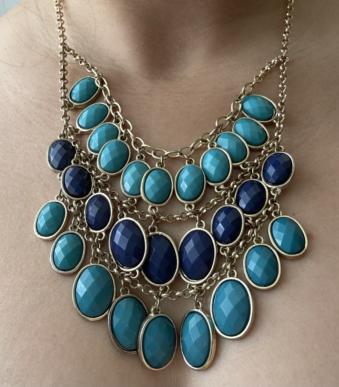Blue Teal Gold Layered Costume Necklace Good Condition
