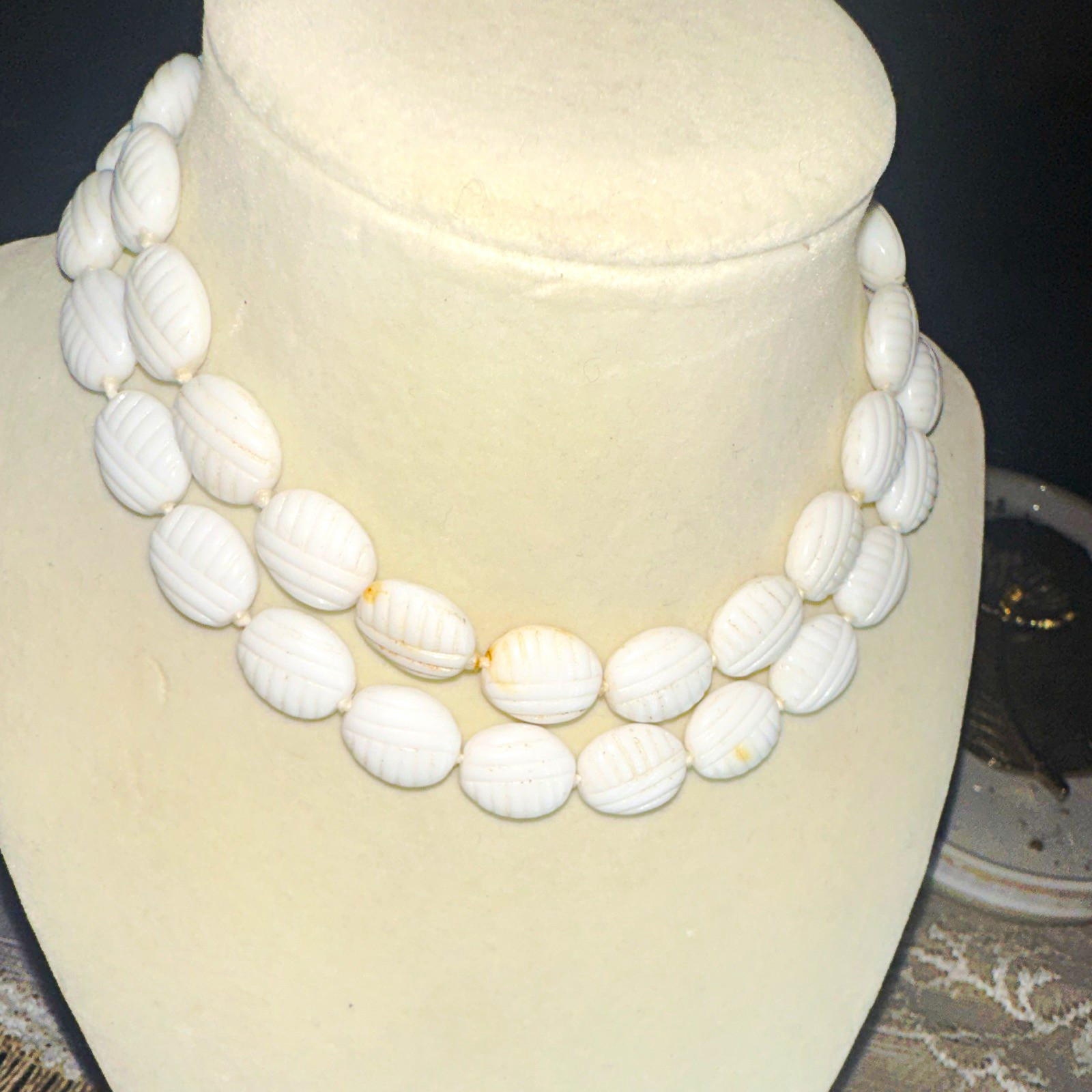 White Plastic Double Strand Oval Beaded Statement Necklace, No Stone