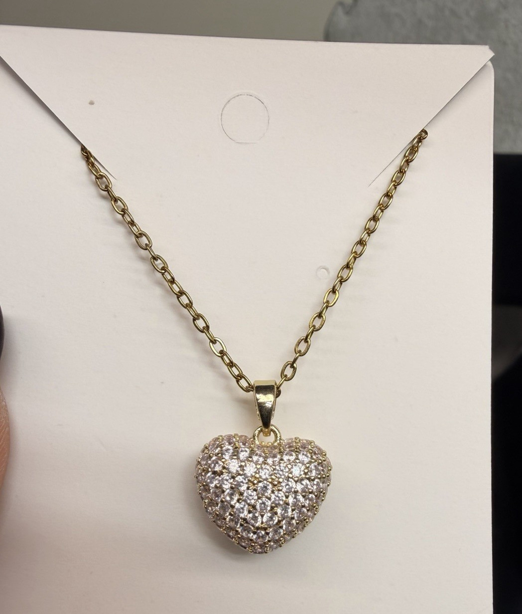 Gold Plated Pavé Clear CZ Heart Pendant Cable Chain Necklace